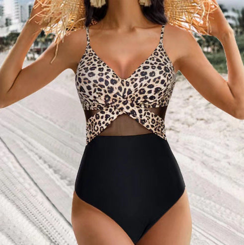 Buy Solid Color One-piece Swimsuit | Halter-neck Mesh Beachwear