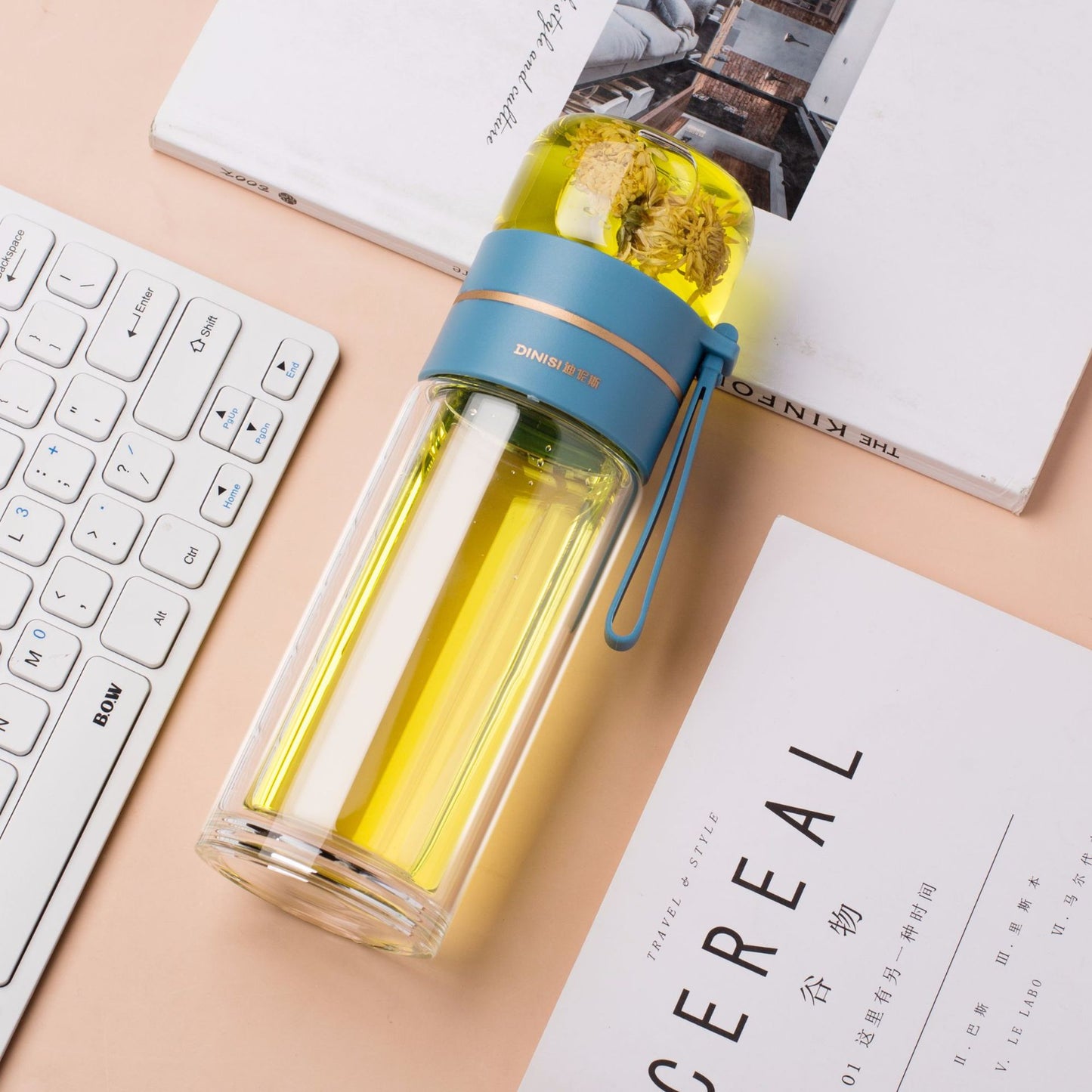 Glass Water Bottle with Tea Infuser Filter Double Wall Design