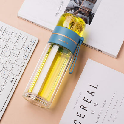 Glass Water Bottle with Tea Infuser Filter Double Wall Design