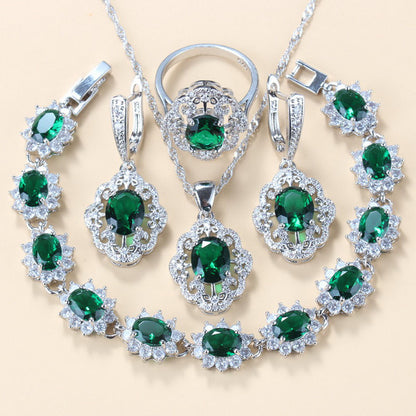 Garnet Cubic Zirconia Earrings Pendant Necklace Bracelet Ring Gift 4 PCs Set