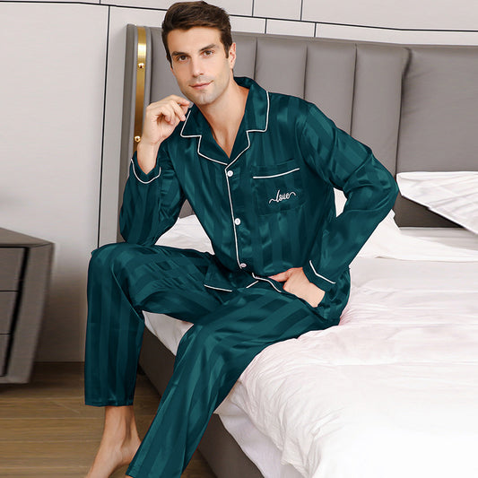 Mens Solid-Color Striped Long-Sleeve & Long-Pant Loungewear