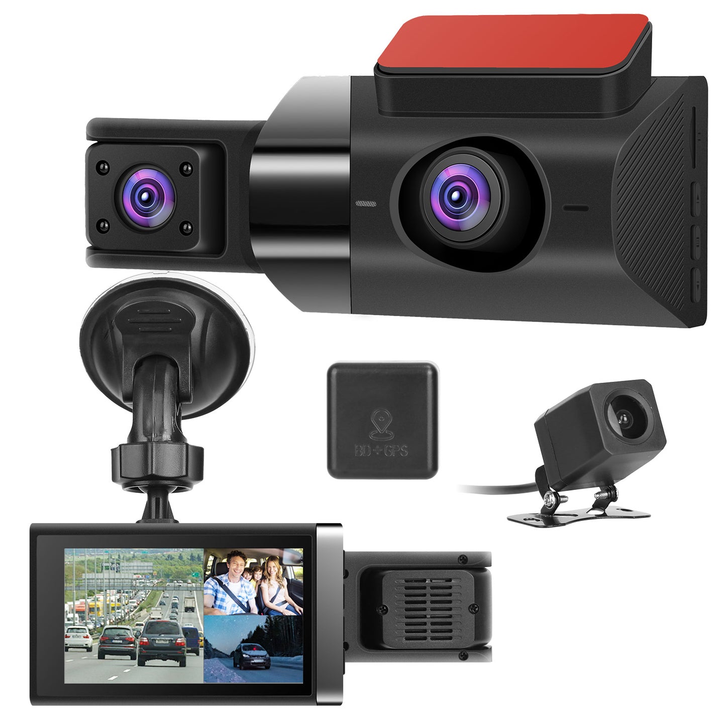 Car Dash Cam 2K 3 Channel DVR with GPS WiFi Parking Monitor.