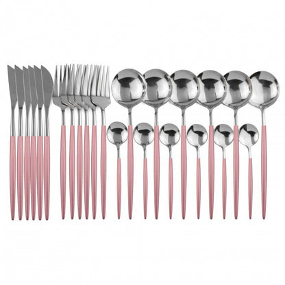 24PCS White Gold Dinnerware Set Stainless Steel Knife Fork
