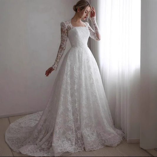 Embroidered Long Sleeve Trailing Wedding Dress for Brides