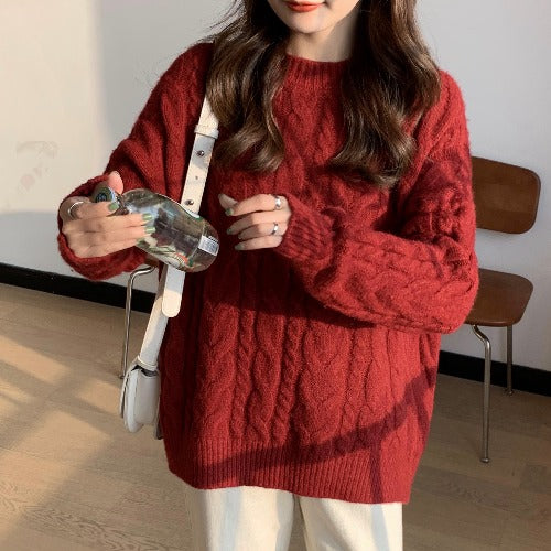 Women's Red Twisted Cable-Knit Pullover Sweater Fall-Winter