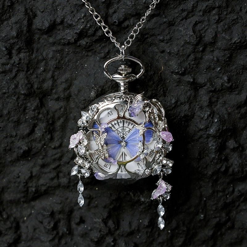 Couples Teal  Green Butterfly Animated Pocket Watch  Romantic