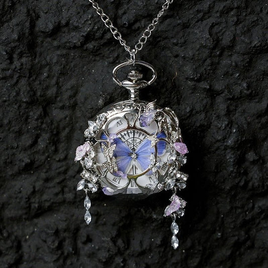 Couples Teal  Green Butterfly Animated Pocket Watch  Romantic