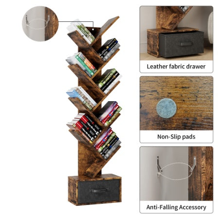 9 Tier Tree Bookshelf with Drawer for Home Office Storage