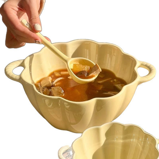 Double Eared Ceramic Soup Bowl with Floral Design