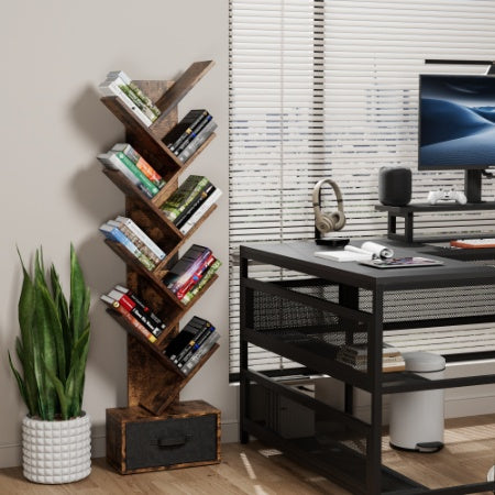 9 Tier Tree Bookshelf with Drawer for Home Office Storage