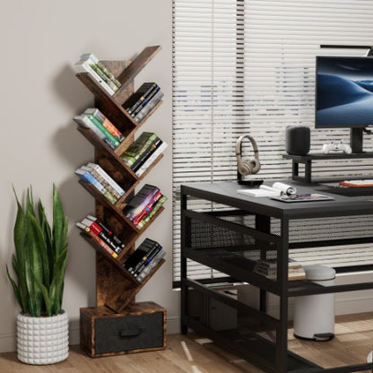 9 Tier Tree Bookshelf with Drawer for Home Office Storage