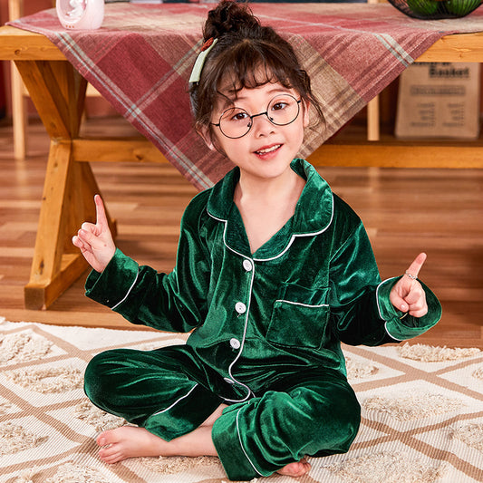 Children’s Gold Velvet Solid Color Pajamas Set Soft & Cozy