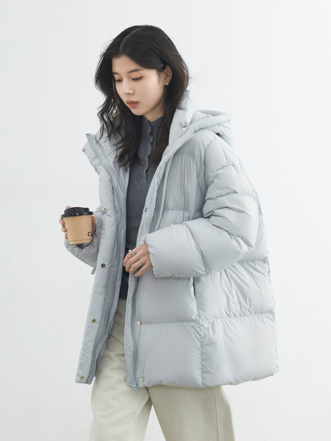 Mid-length 90 White Duck Down Puffer Coat With Hood for Winter