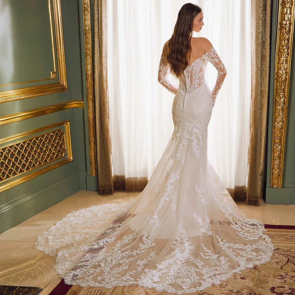 Off-shoulder Lace Long Sleeve Fishtail Gown