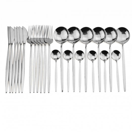 24PCS White Gold Dinnerware Set Stainless Steel Knife Fork