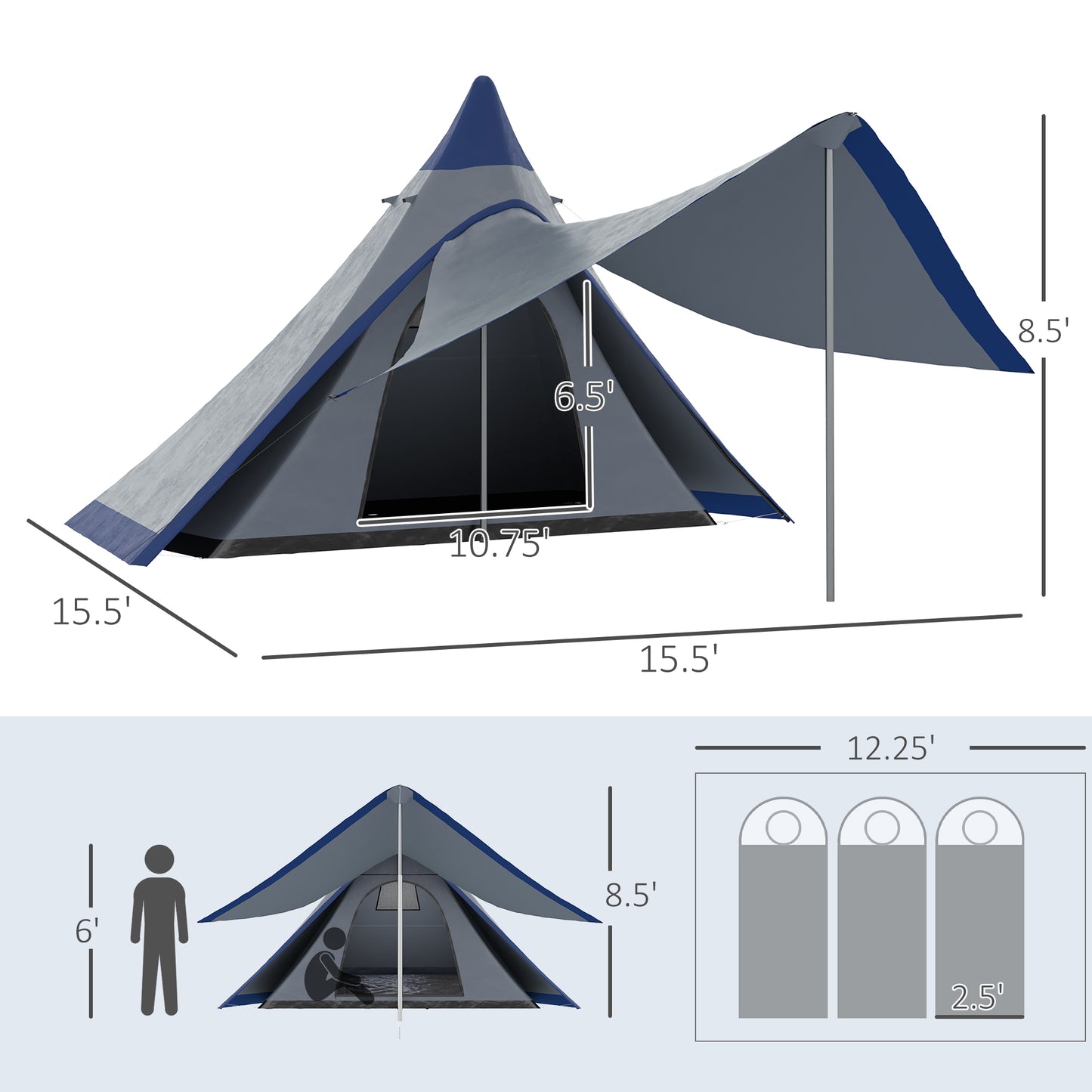 Waterproof Teepee Camping Hiking Tent with Porch – 2–3 Person Outdoor Shelter