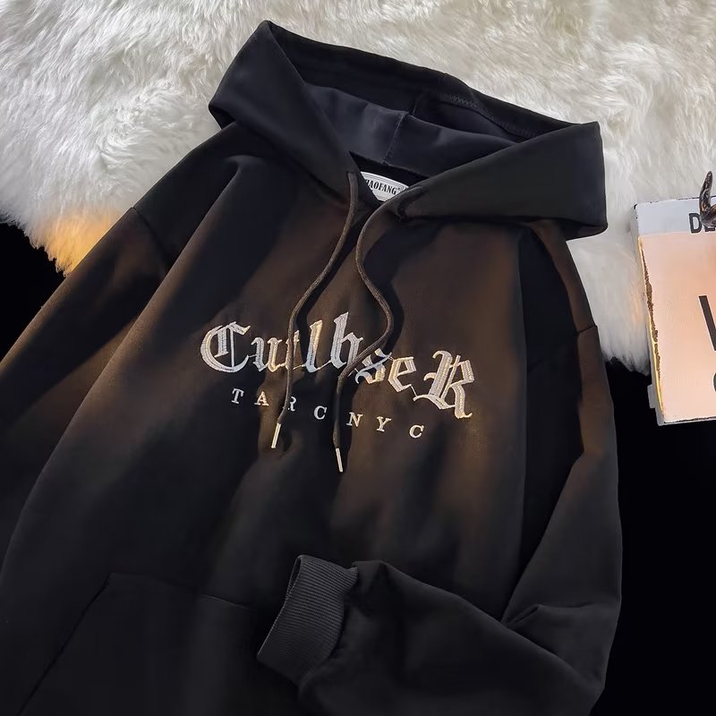 Men’s Black Hoodie – Distressed Wash & Lobster-Claw Button