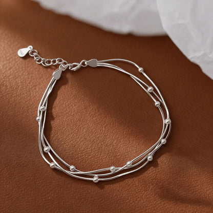 925 Sterling Silver Three-Layer Snake Bone Chain Bead Bracelet for Women