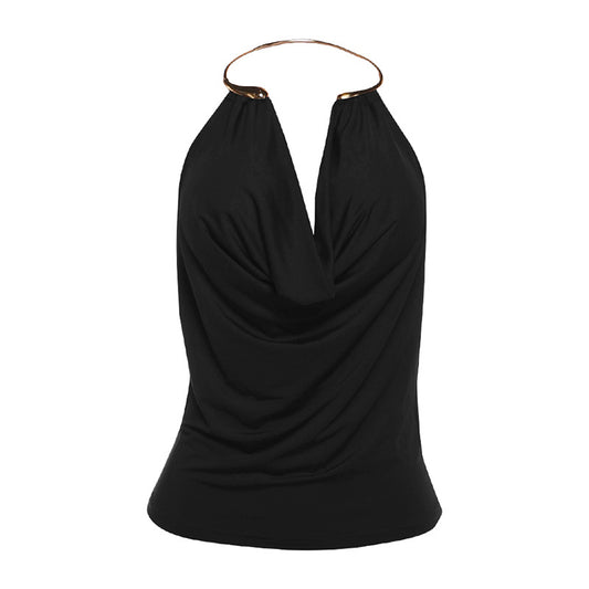 Stylish Solid-Color Low-Cut Metal Halter Bodycon Tank Top