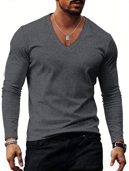 Men’s Solid-Color Plus-Size Casual V-Neck T-Shirt Trendy Style