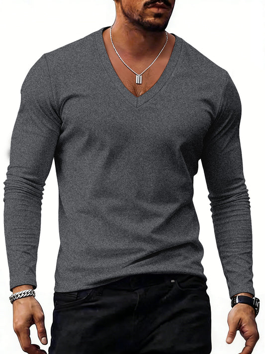 Men’s Solid-Color Plus-Size Casual V-Neck T-Shirt Trendy Style