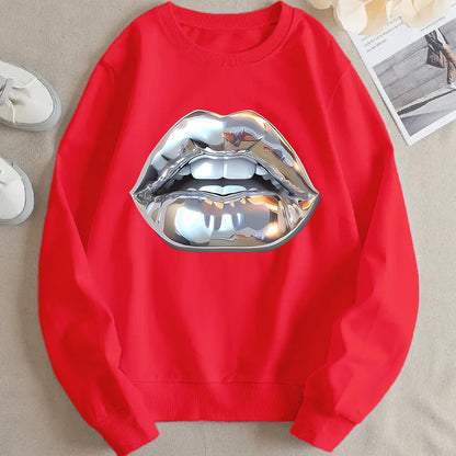 Buy Women’s Cartoon Silver Lip-Printed Sweatshirt for Casual Wear