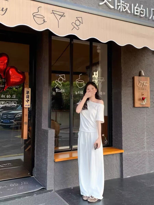White Drawstring Wide-Leg Pants Pendulous Style for Girls