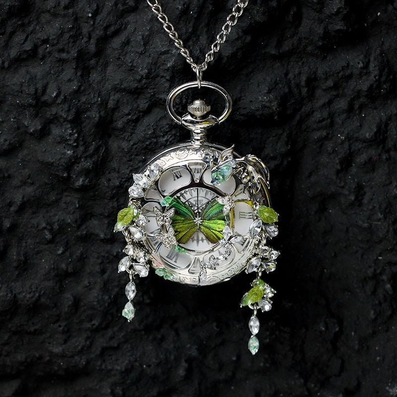 Couples Teal  Green Butterfly Animated Pocket Watch  Romantic