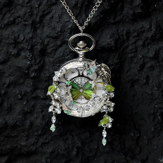 Couples Teal  Green Butterfly Animated Pocket Watch  Romantic