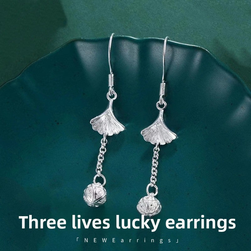 990 Pure Silver Ginkgo Leaf Earrings Hollow Filigree Earrings for Women