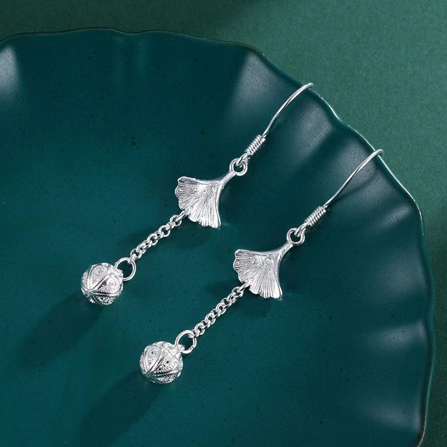 990 Pure Silver Ginkgo Leaf Earrings Hollow Filigree Earrings for Women