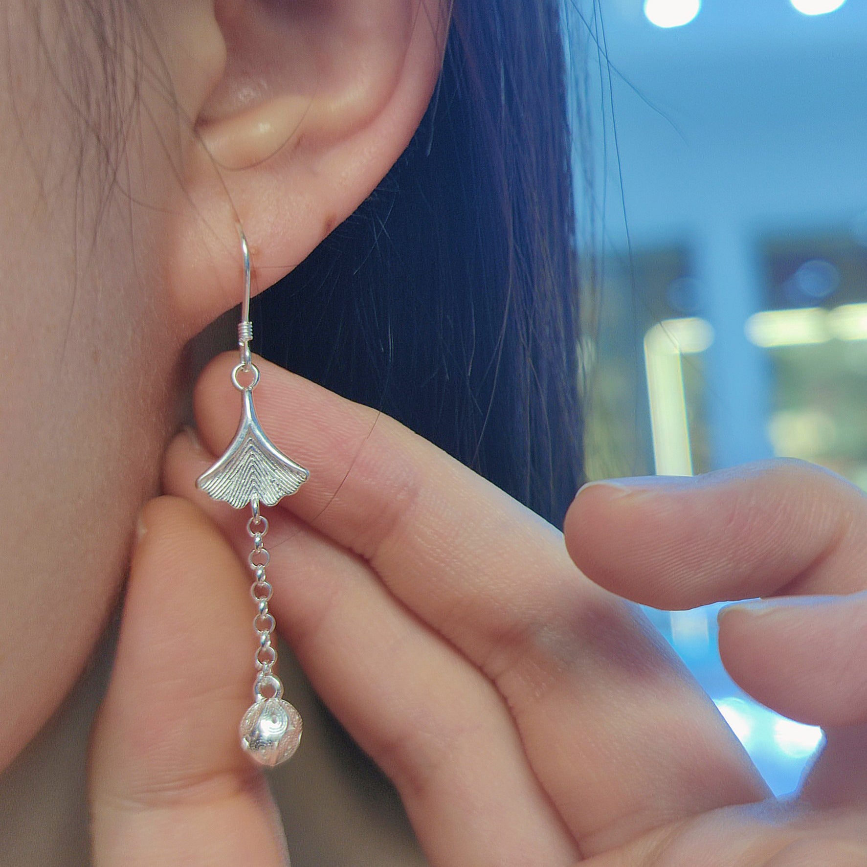 990 Pure Silver Ginkgo Leaf Earrings Hollow Filigree Earrings for Women