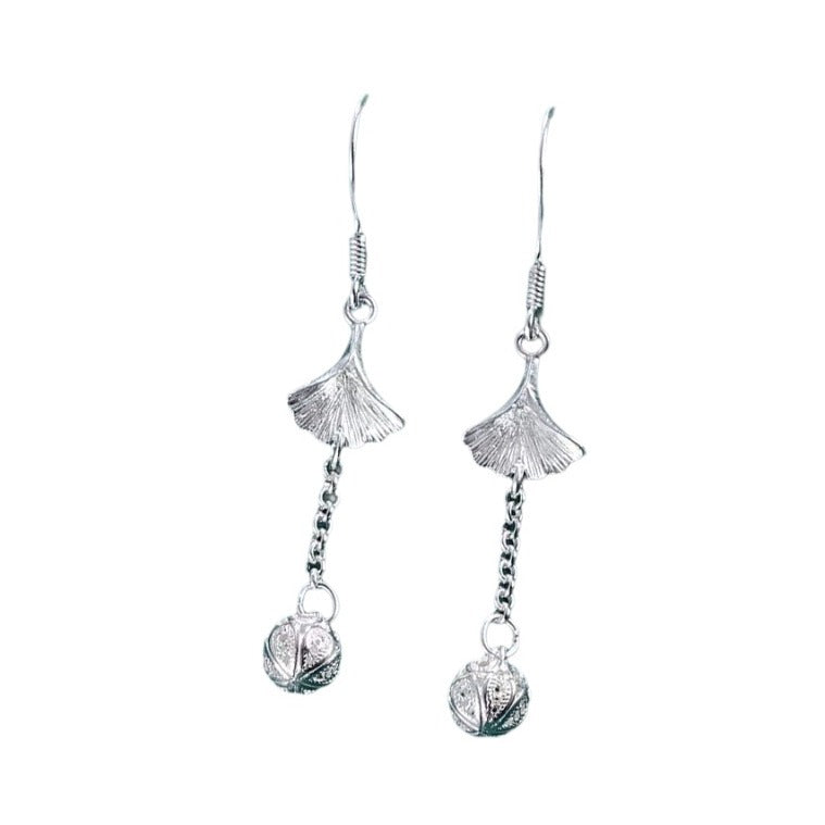 990 Pure Silver Ginkgo Leaf Earrings Hollow Filigree Earrings for Women