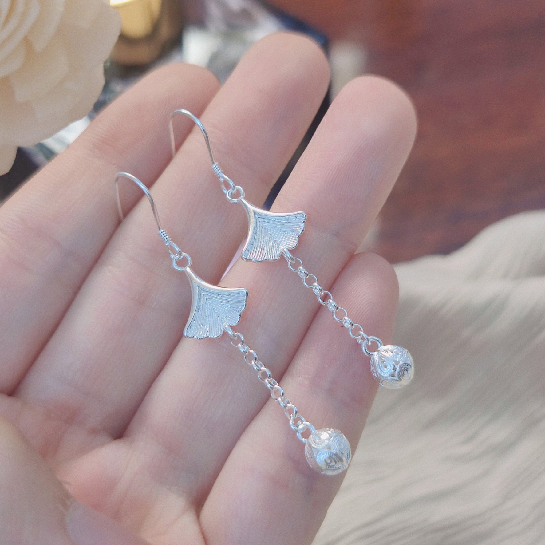 990 Pure Silver Ginkgo Leaf Earrings Hollow Filigree Earrings for Women
