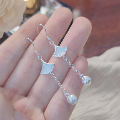 990 Pure Silver Ginkgo Leaf Earrings Hollow Filigree Earrings for Women