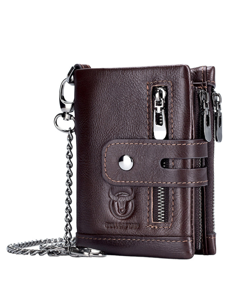 Compact Bifold Leather Wallet – Retro Style with Dual Zippers
