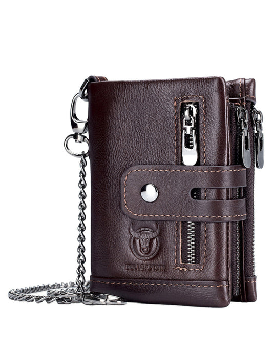 Compact Bifold Leather Wallet – Retro Style with Dual Zippers
