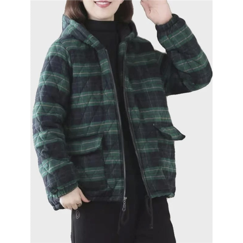 Buy Women’s Short Cotton-Padded Plaid Coat for Fall and Winter