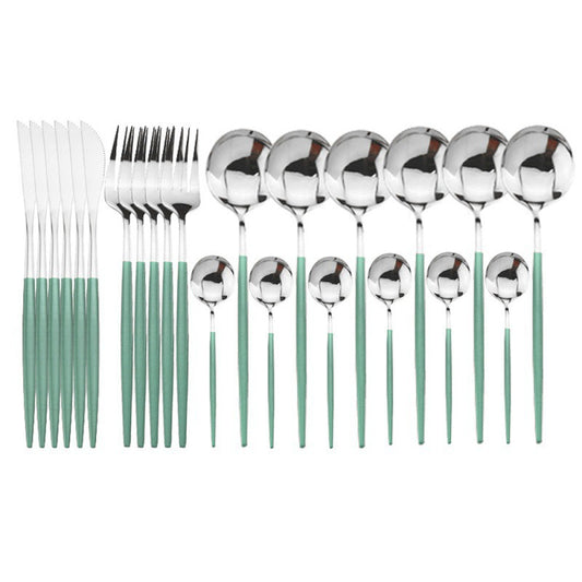 24PCS White Gold Dinnerware Set Stainless Steel Knife Fork