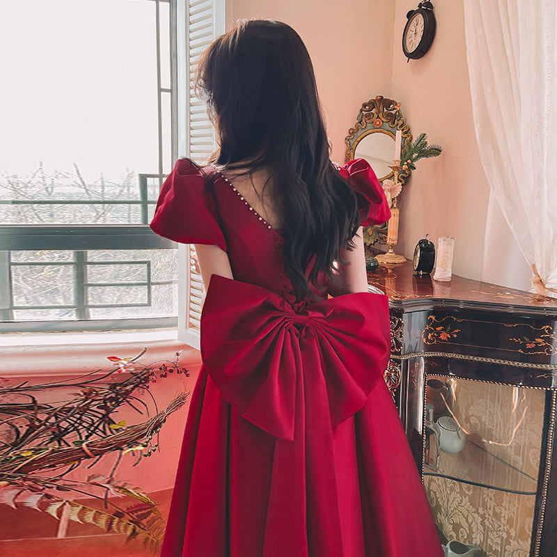 Winter Wine Red Engagement Satin Dress  French Princess Style