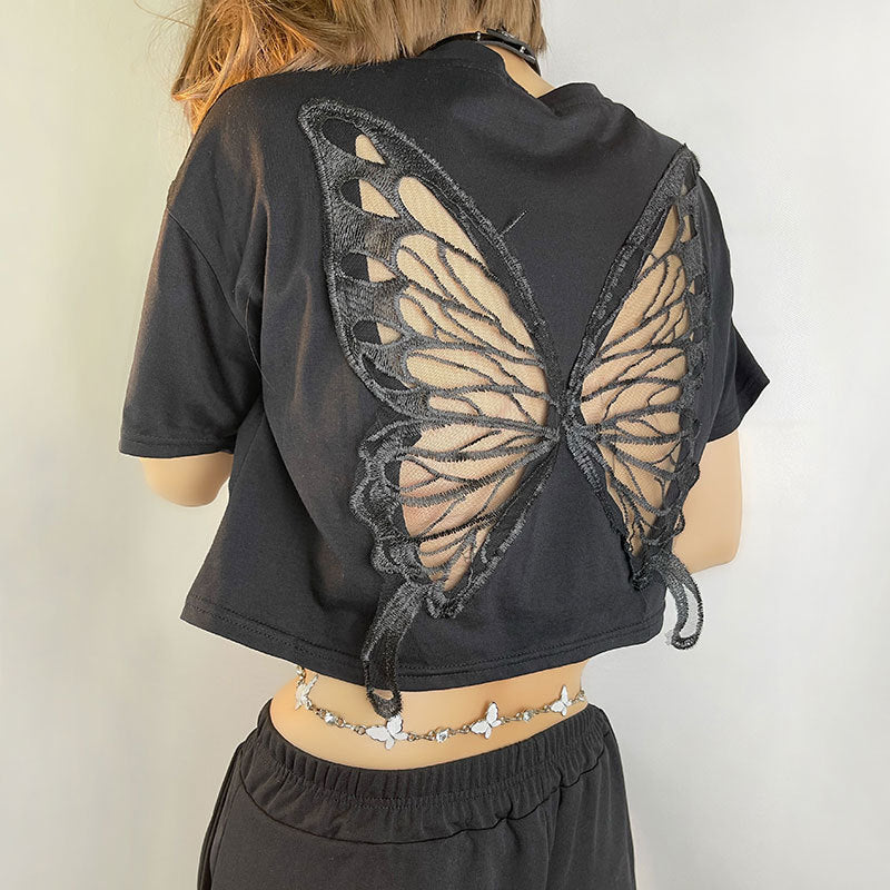 Black Lace Butterfly Crop T-Shirt for Chic Casual Style Global Swanky 1