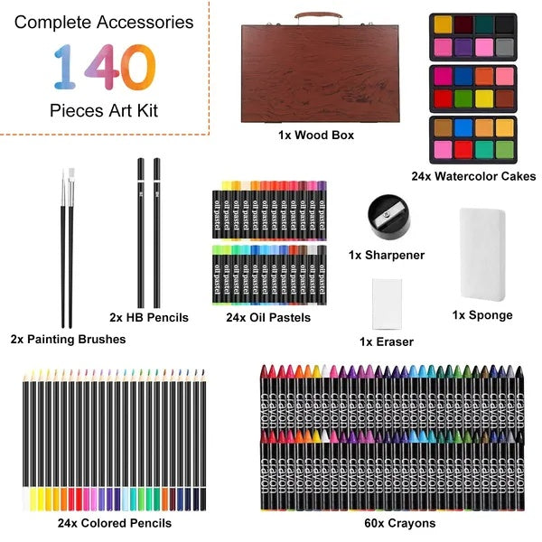 Buy 140PCS Art Supplies Kit Colored Pencils Pastels Wooden Box global swanky 3
