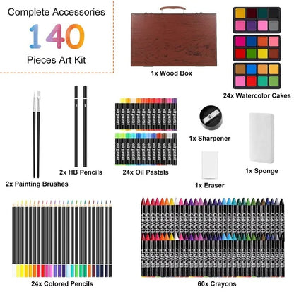 Buy 140PCS Art Supplies Kit Colored Pencils Pastels Wooden Box global swanky 3