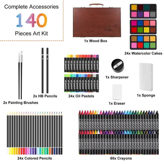 Buy 140PCS Art Supplies Kit Colored Pencils Pastels Wooden Box global swanky 3