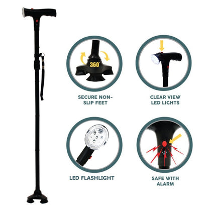 Buy Adjustable Walking Stick Cane with LED Light & SOS Support Gear global swanky 1