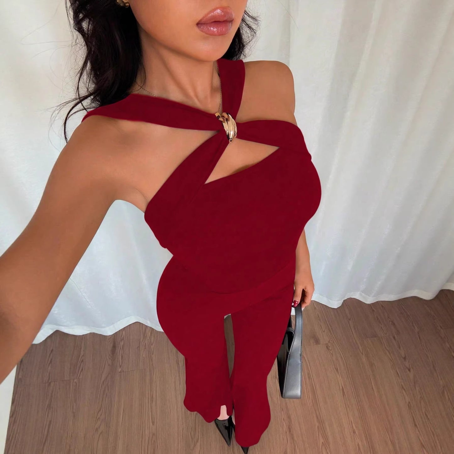 Buy Chic Metal Buckle Flared Jumpsuit – Elegant Women Outfit globalswanky 02