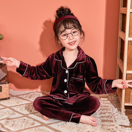 Buy Children’s Gold Velvet Solid Color Pajamas Set Soft & Cozy global swanky 1