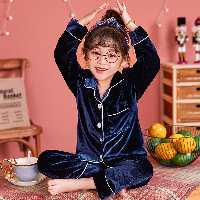 Buy Children’s Gold Velvet Solid Color Pajamas Set Soft & Cozy global swanky 3