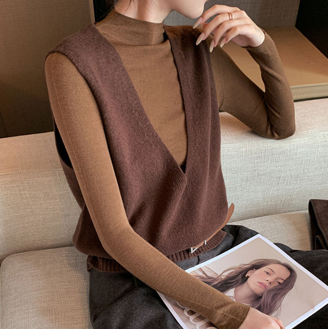 Buy Elegant Deep V-Neck Pure Wool Layered Knit Vest for Women global swanky 1