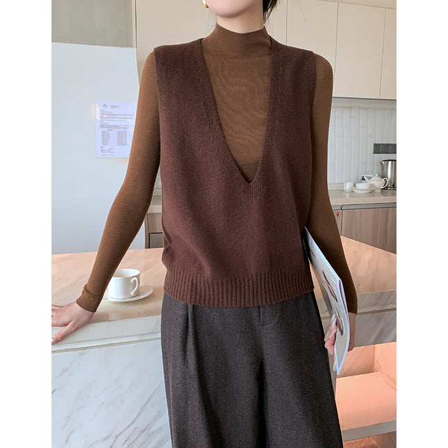Buy Elegant Deep V-Neck Pure Wool Layered Knit Vest for Women global swanky 2